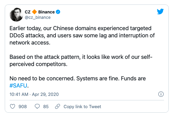 twitter of CZ Binance about the DDoS attacks