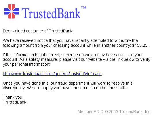 Screenshot of fake phishing e-mail from a fake bank called TrustedBank