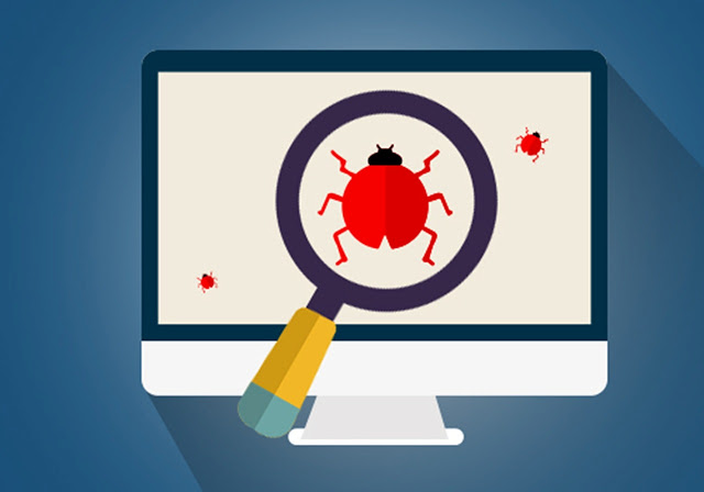 Search engine bots will detect dangerous code injected into your site. A magnifying glass is held over a computer screen to reveal bugs.