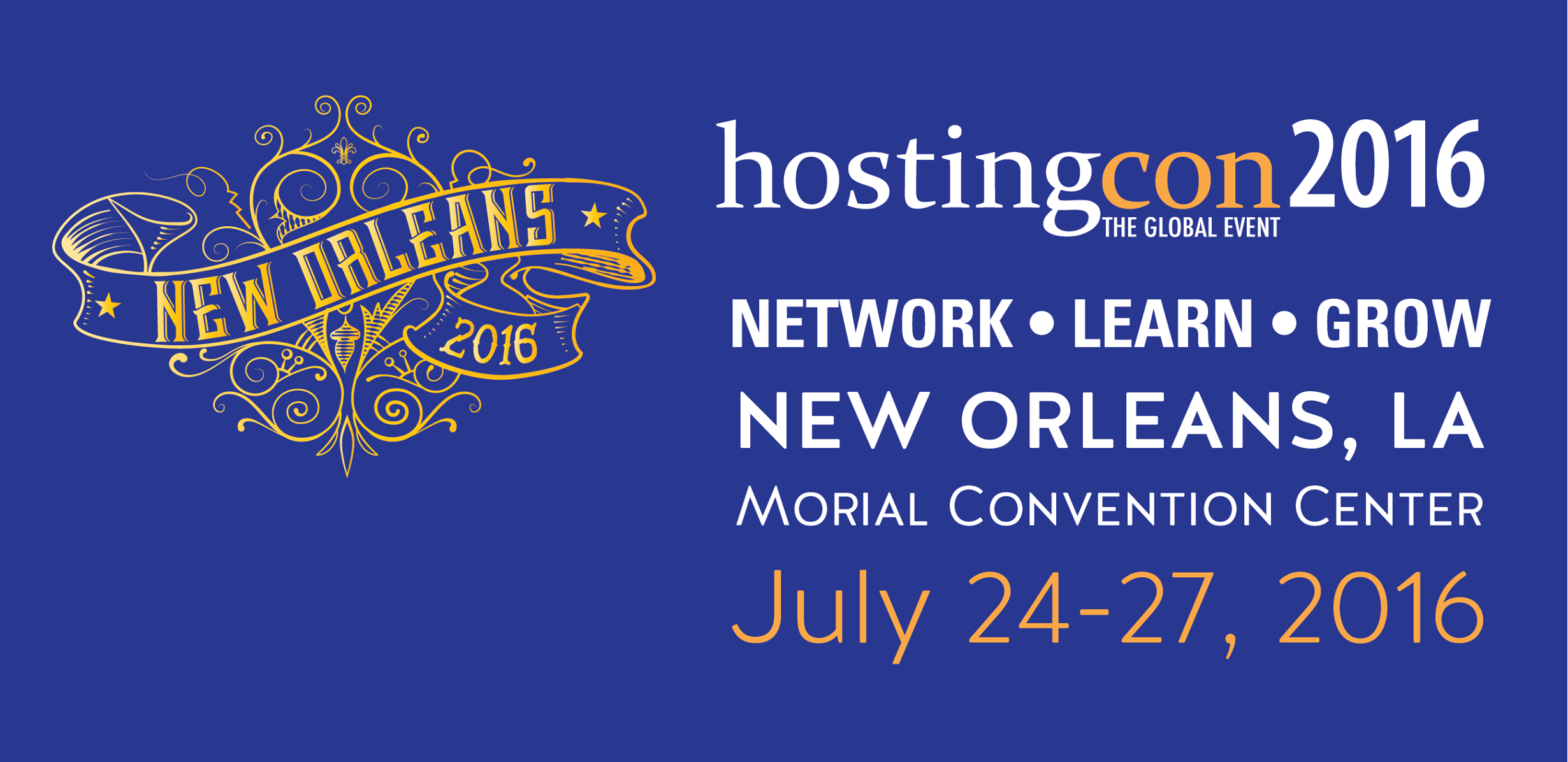 New Orleans and HostingCon 2016 text in orange, white, and blue
