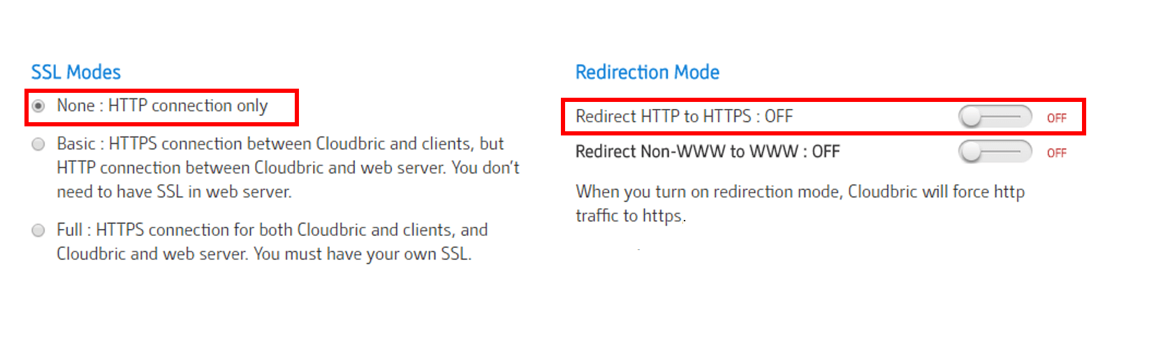 ssl no redirection mode cloudbric