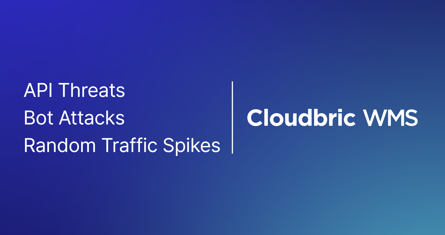 Banner showing “API Threats · Bot Attacks · Random Traffic Spikes” with Cloudbric WMS logo on a blue-to-teal gradient background