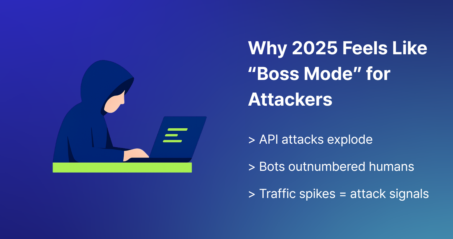 Illustration of a hacker at laptop with headline “Why 2025 Feels Like ‘Boss Mode’ for Attackers” and bullets on API attacks, bot traffic, DDoS spikes